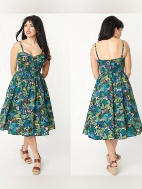 NWT Unique Vintage Shimmy and Shake Swing Mini Dress Navy Jungle Print, Size 5X